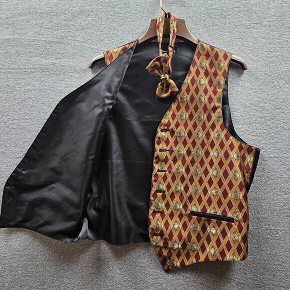 FUMAGALLI Burgandy Gold Polyester Medium Formal Waistcoat Vest Matching Bow Tie - Picture 5 of 8